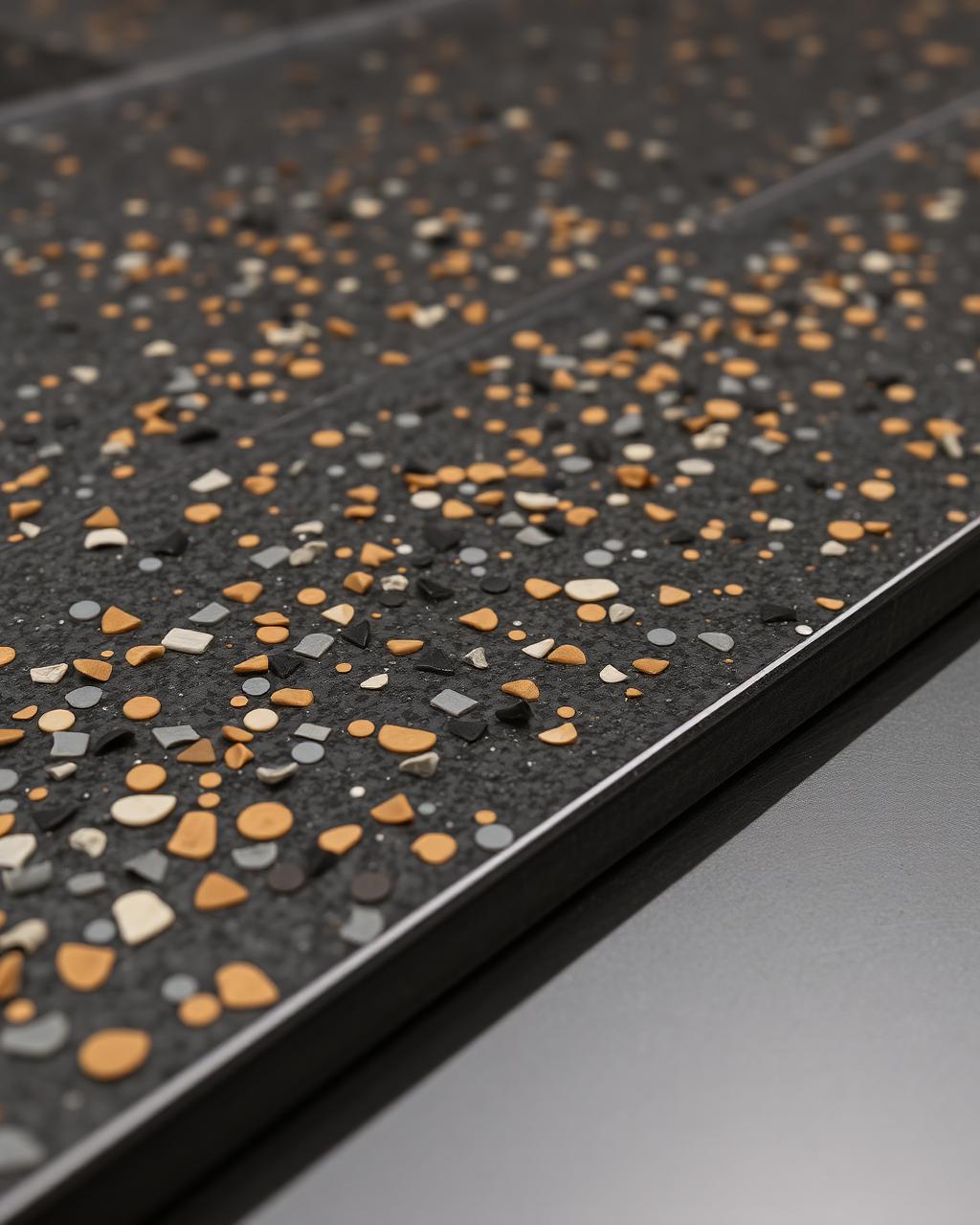 Decorative flake epoxy sample board in dark graphite with color chips